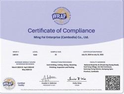祝賀Ming Fai Enterprise (Cambodia) Co., Ltd.柬埔寨工廠2024年一次性成功通過(guò)WRAP認(rèn)證