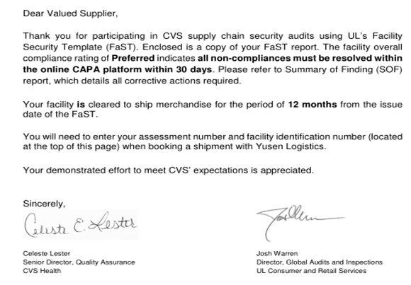 祝賀鴻昌堡運動制品(深圳)有限公司一次性順利通過UL  CVS 驗廠